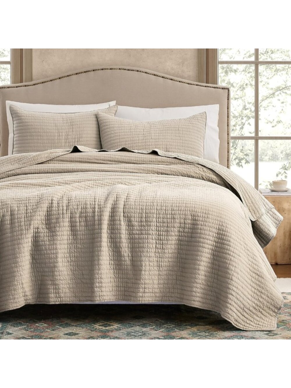 100% Cotton King Size Quilt Set, Channel Pick Stitch Design, Beige Flax Color